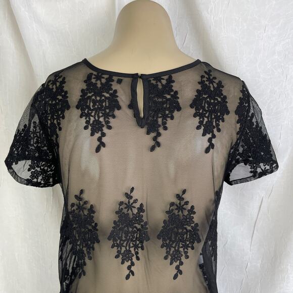 Black Sheer Mesh Knit Lace T Shirt Scalloped Hem Forever 21 Size Small - Picture 7 of 16